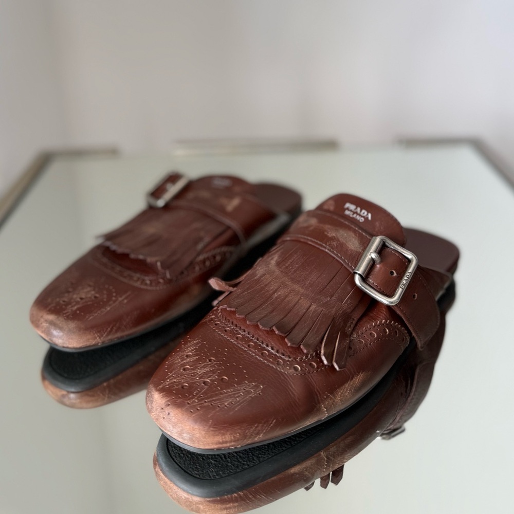 Like new PRADA Brown Leather Fringed Shuffle Mules $1,250 36 - Picture 6 of 16